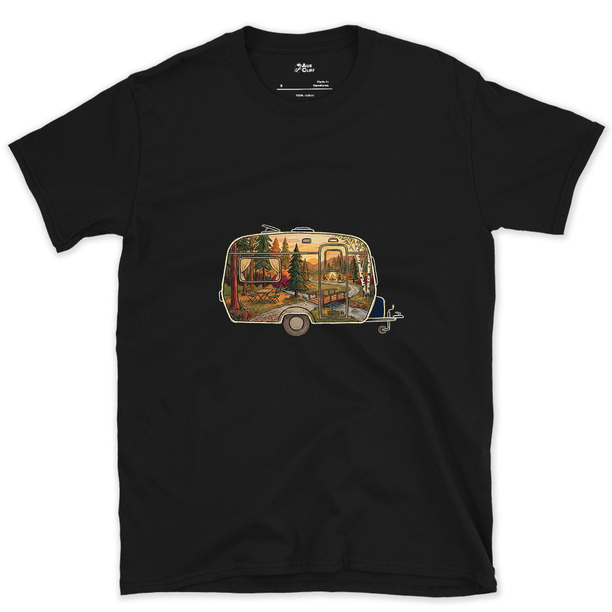 Forest Campground, Travel Caravan design on a Black Gildan Softstyle t-shirt