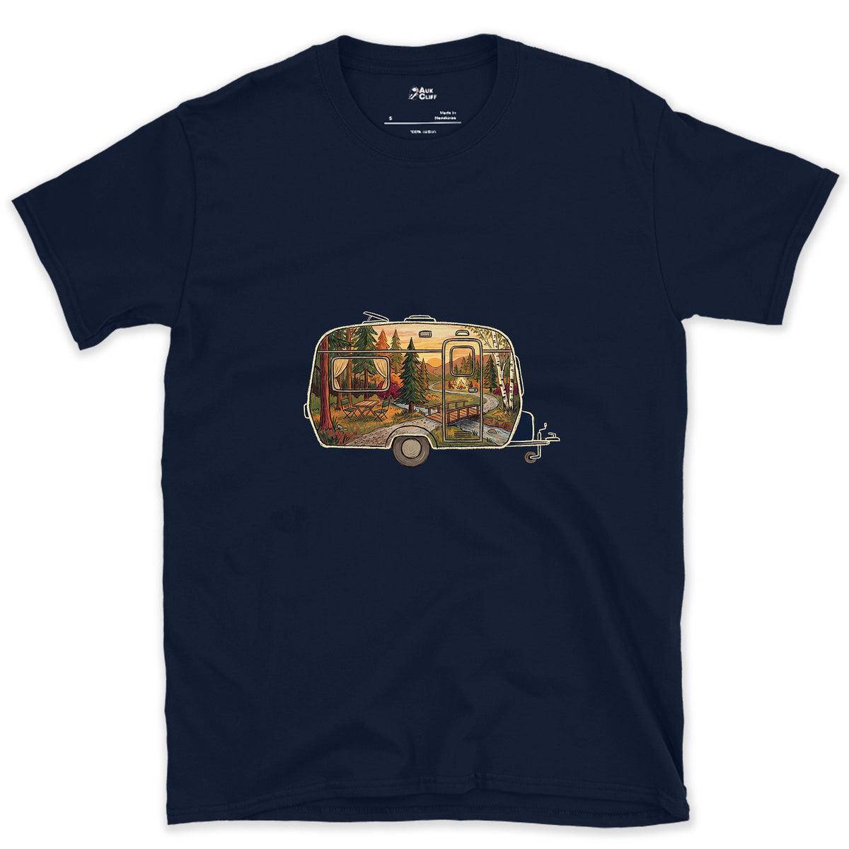 Forest Campground, Travel Caravan design on a Navy Gildan Softstyle t-shirt