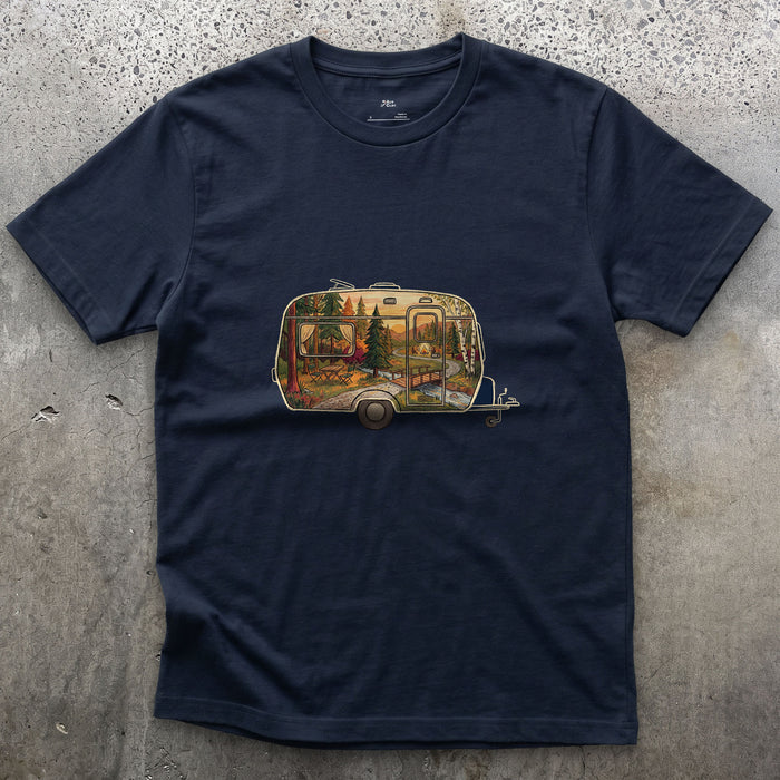 Forest Campground, Travel Caravan design on a Navy Gildan Softstyle t-shirt