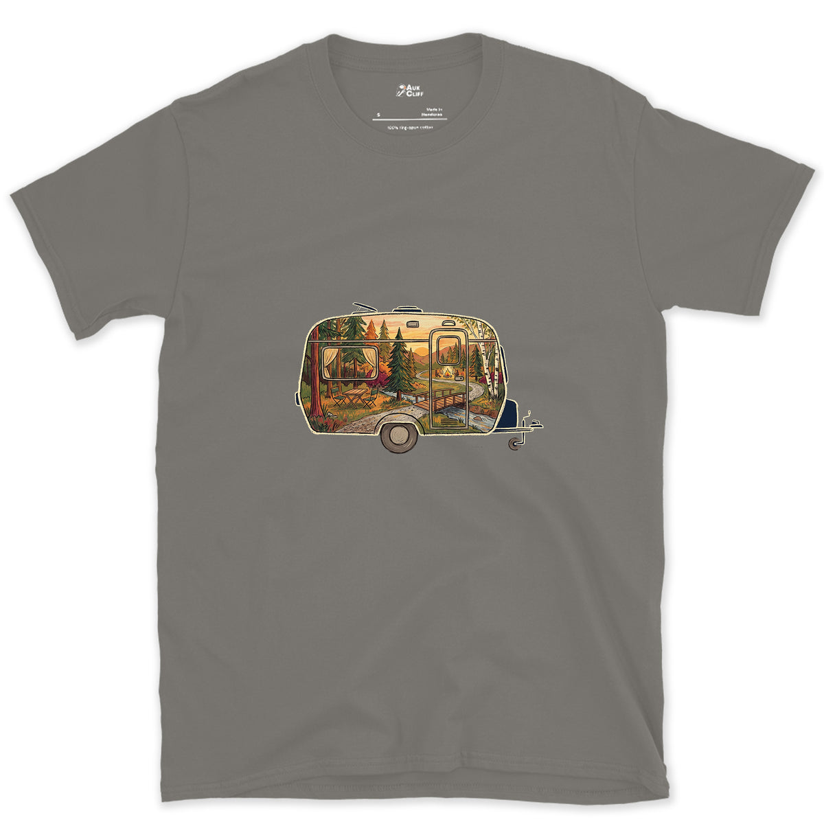 Forest Campground, Travel Caravan design on a Charcoal Gildan Softstyle t-shirt