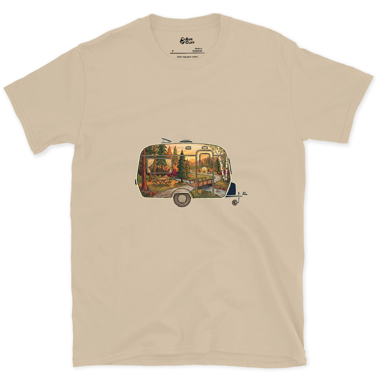Forest Campground, Travel Caravan design on a Sand Gildan Softstyle t-shirt