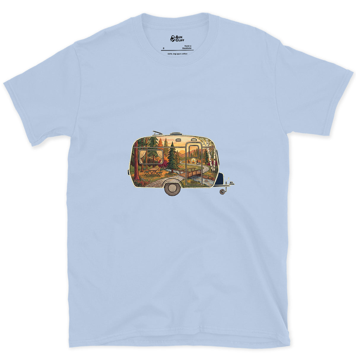 Forest Campground, Travel Caravan design on a Light Blue Gildan Softstyle t-shirt