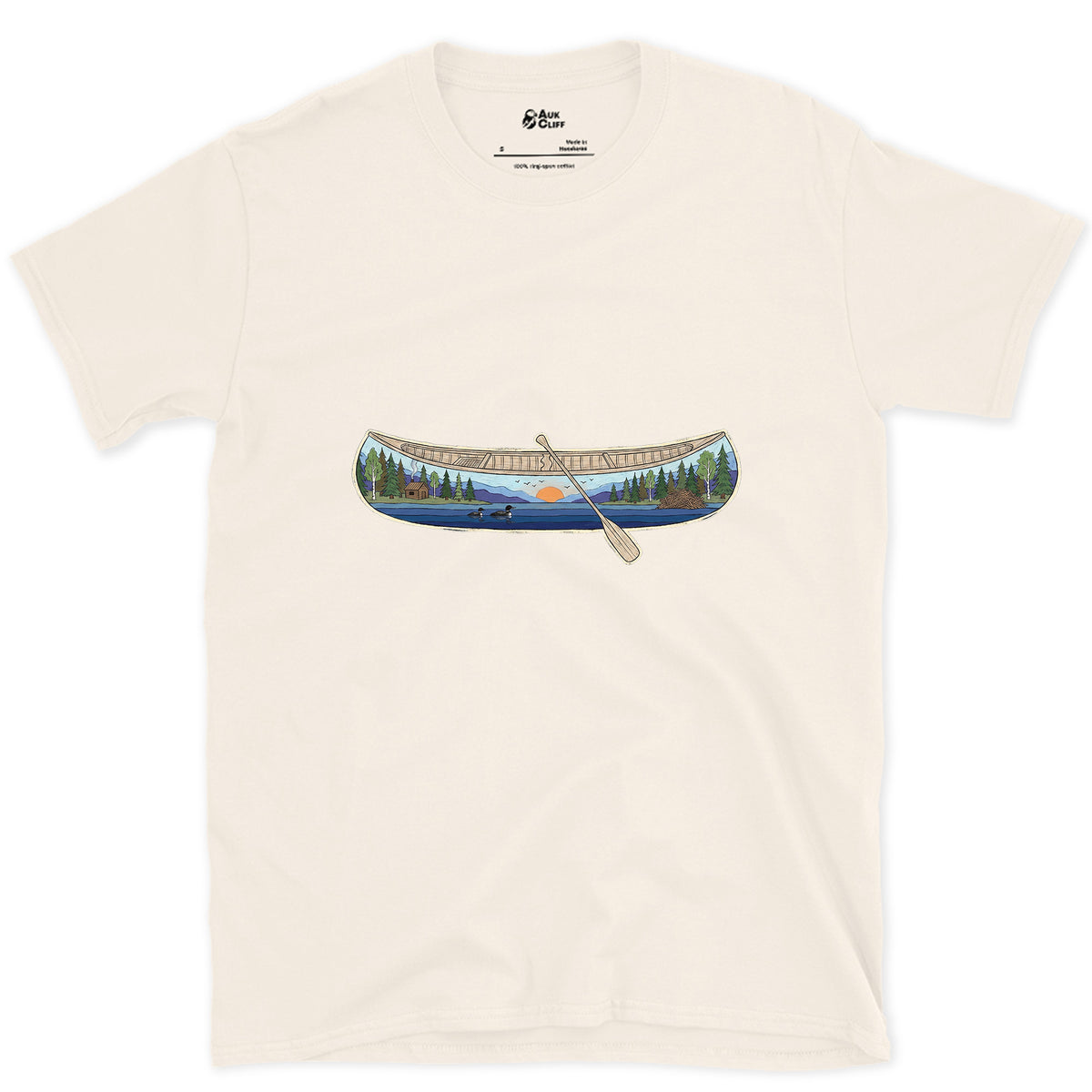 Forest Lake at Dusk, Open Canoe design on a Natural Gildan Softstyle t-shirt