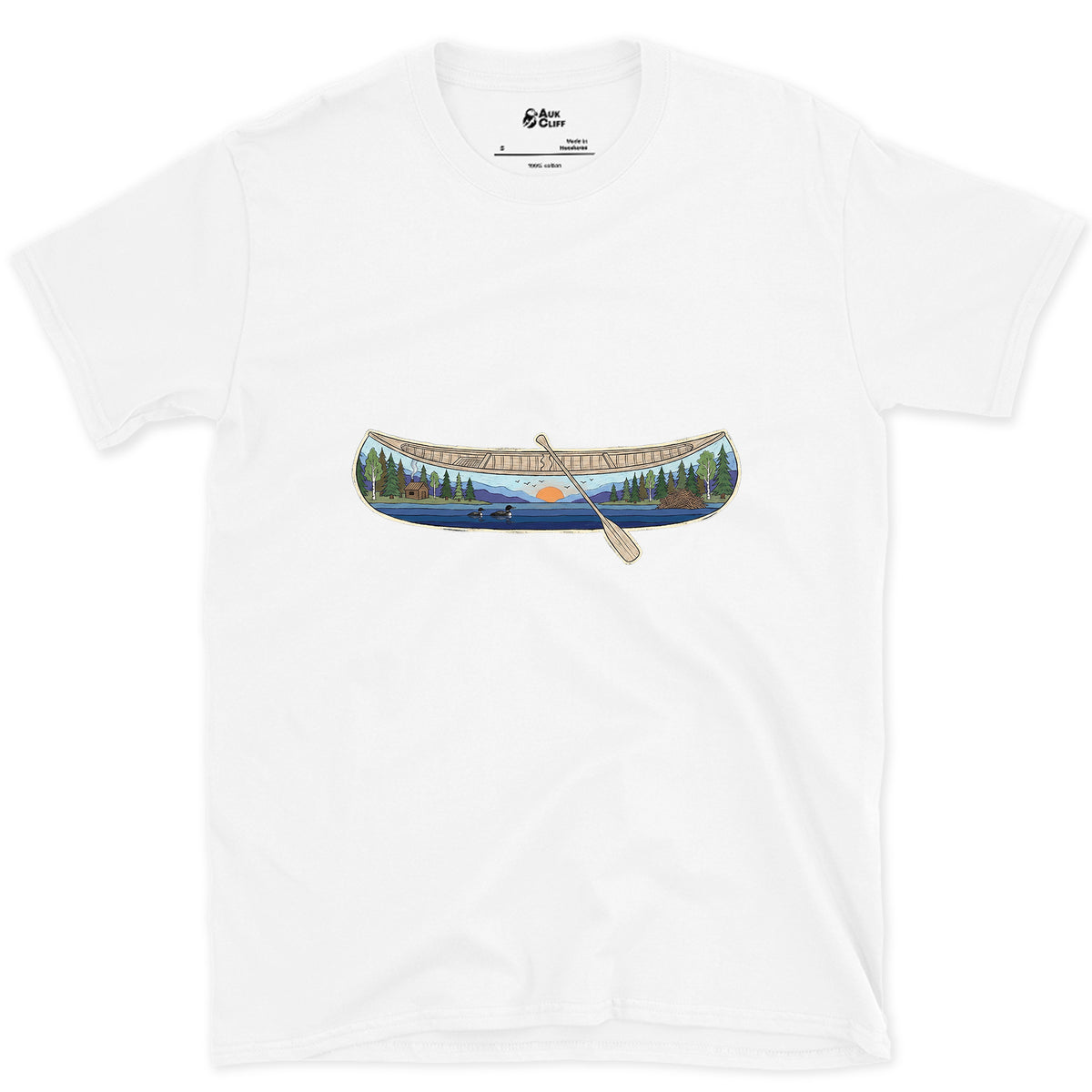 Forest Lake at Dusk, Open Canoe design on a White Gildan Softstyle t-shirt