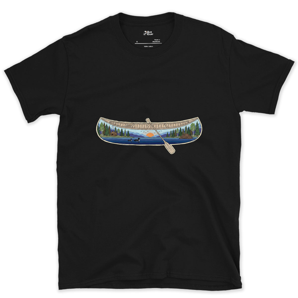 Forest Lake at Dusk, Open Canoe design on a Black Gildan Softstyle t-shirt