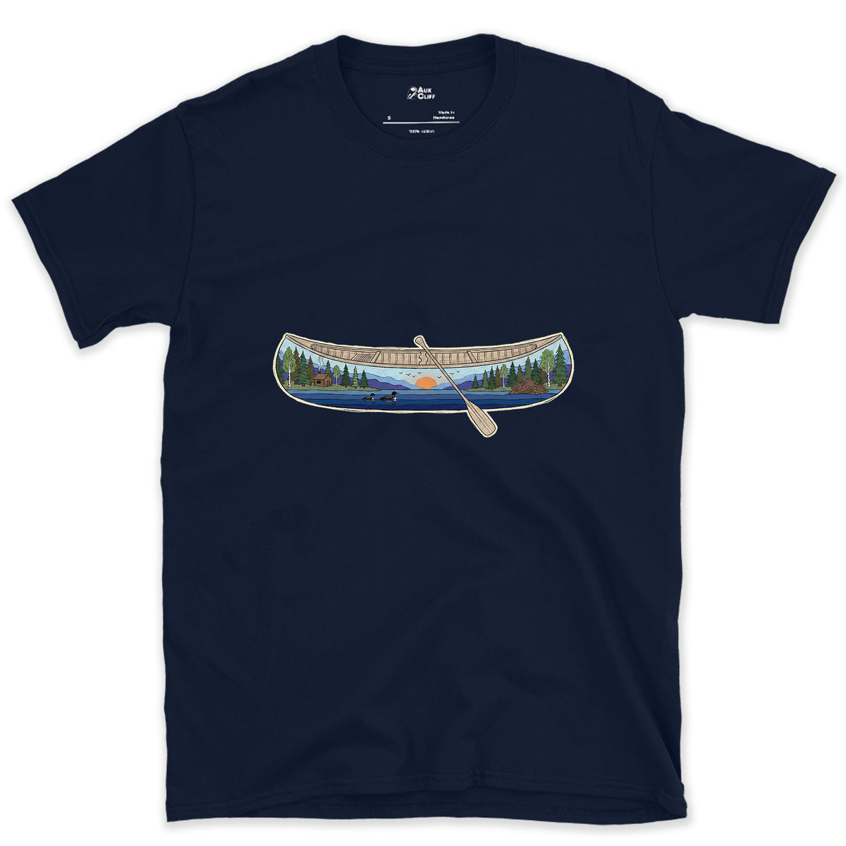 Forest Lake at Dusk, Open Canoe design on a Navy Gildan Softstyle t-shirt
