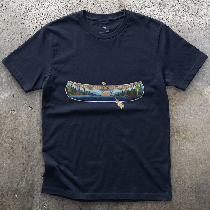 Forest Lake at Dusk, Open Canoe design on a Navy Gildan Softstyle t-shirt