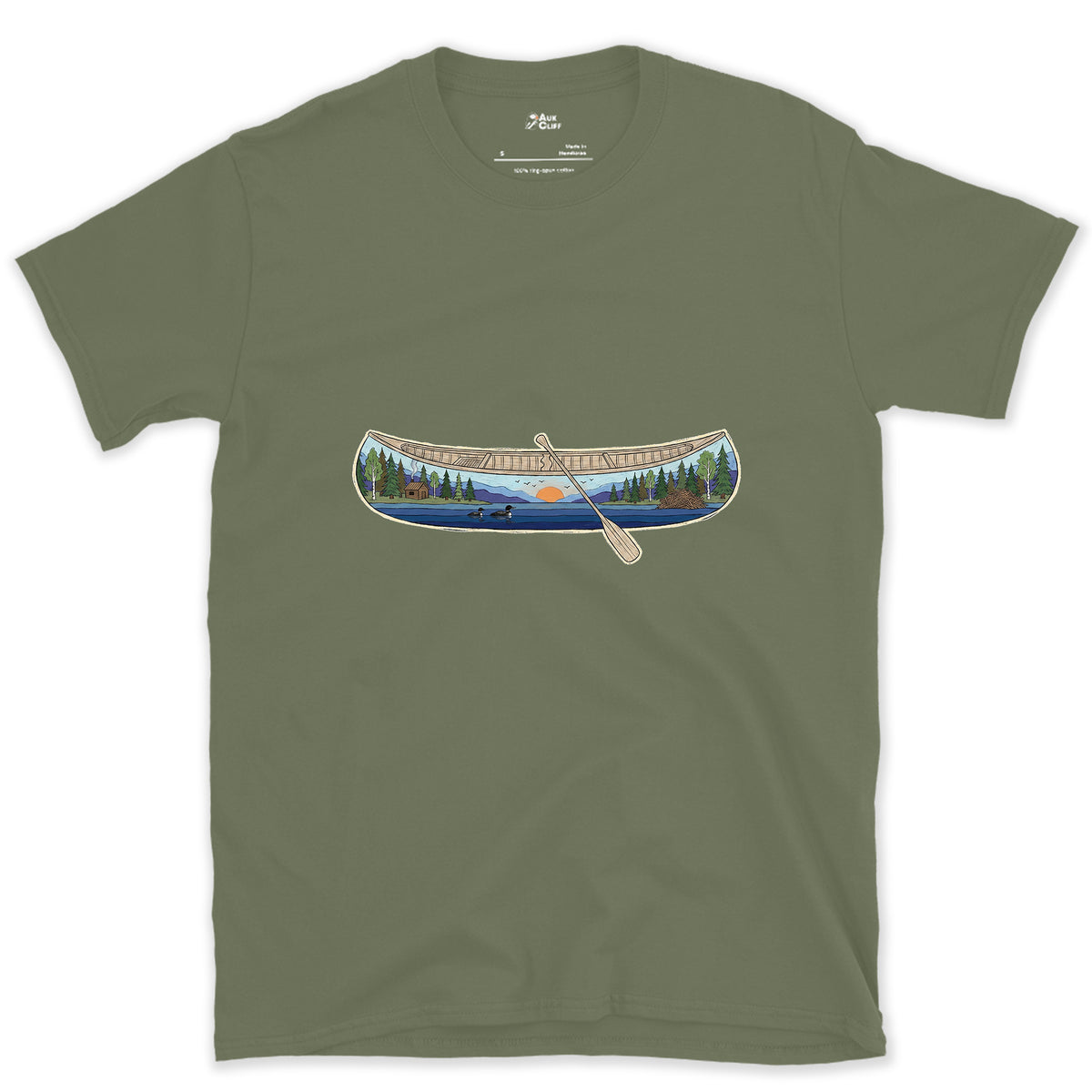 Forest Lake at Dusk, Open Canoe design on a Military Green Gildan Softstyle t-shirt