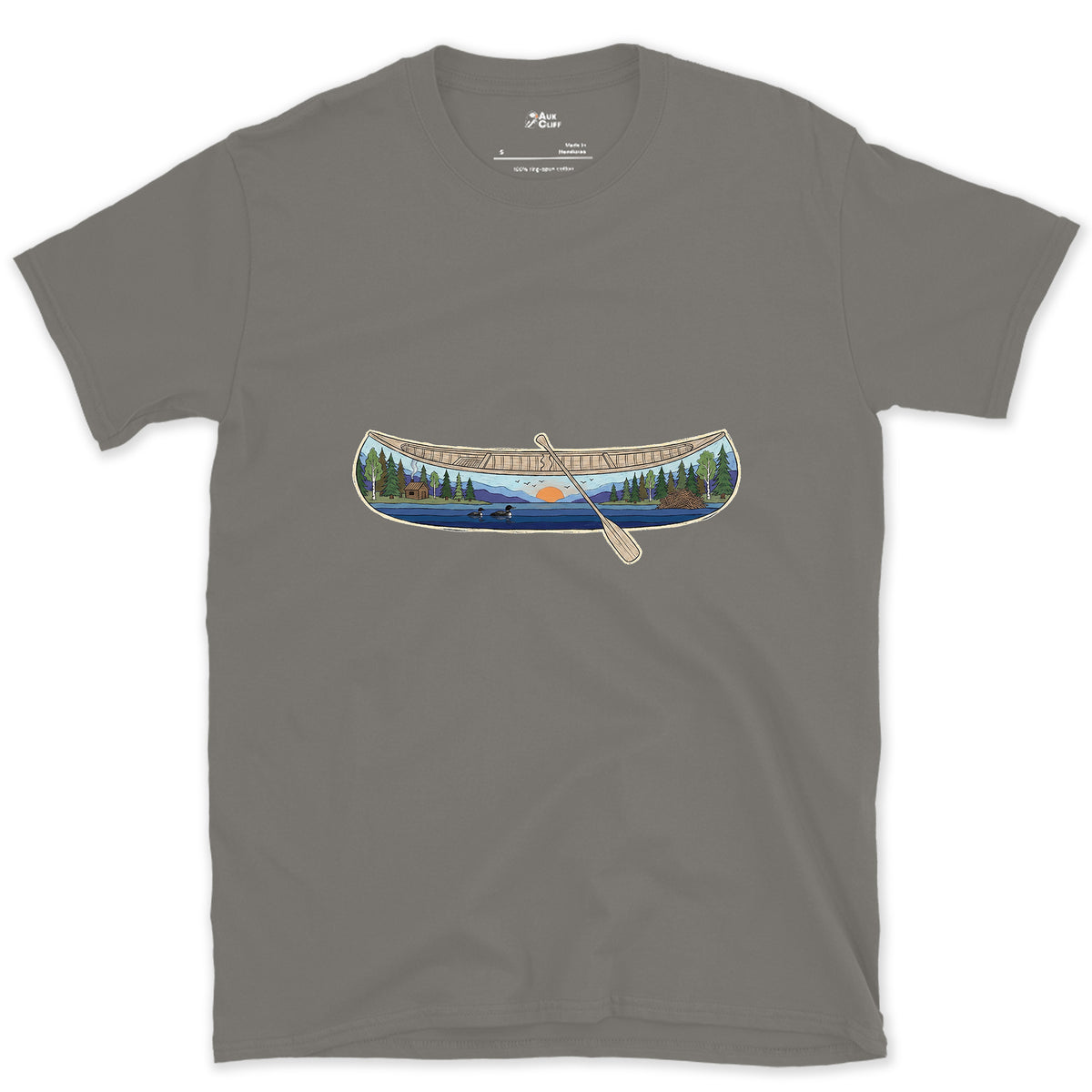 Forest Lake at Dusk, Open Canoe design on a Charcoal Gildan Softstyle t-shirt