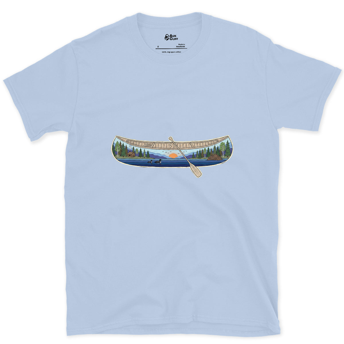 Forest Lake at Dusk, Open Canoe design on a Light Blue Gildan Softstyle t-shirt