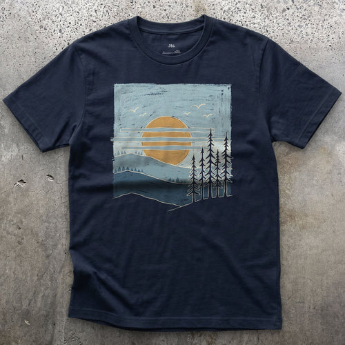 Layers of Pine Up to the Ridge design on a Navy Gildan Softstyle t-shirt