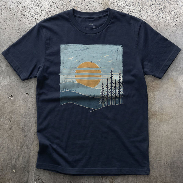 Layers of Pine Up to the Ridge design on a Navy Gildan Softstyle t-shirt