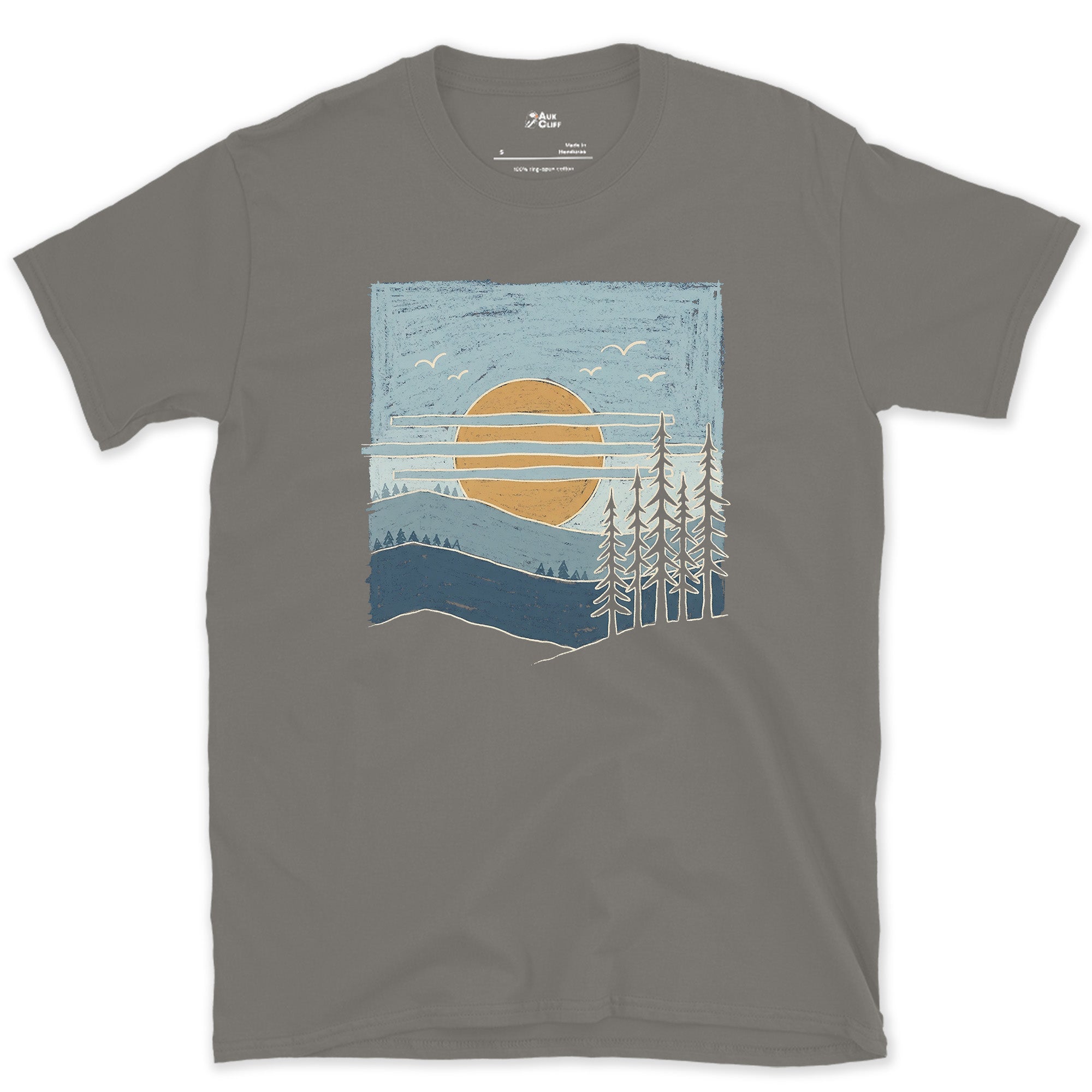 Layers of Pine Up to the Ridge design on a Charcoal Gildan Softstyle t-shirt