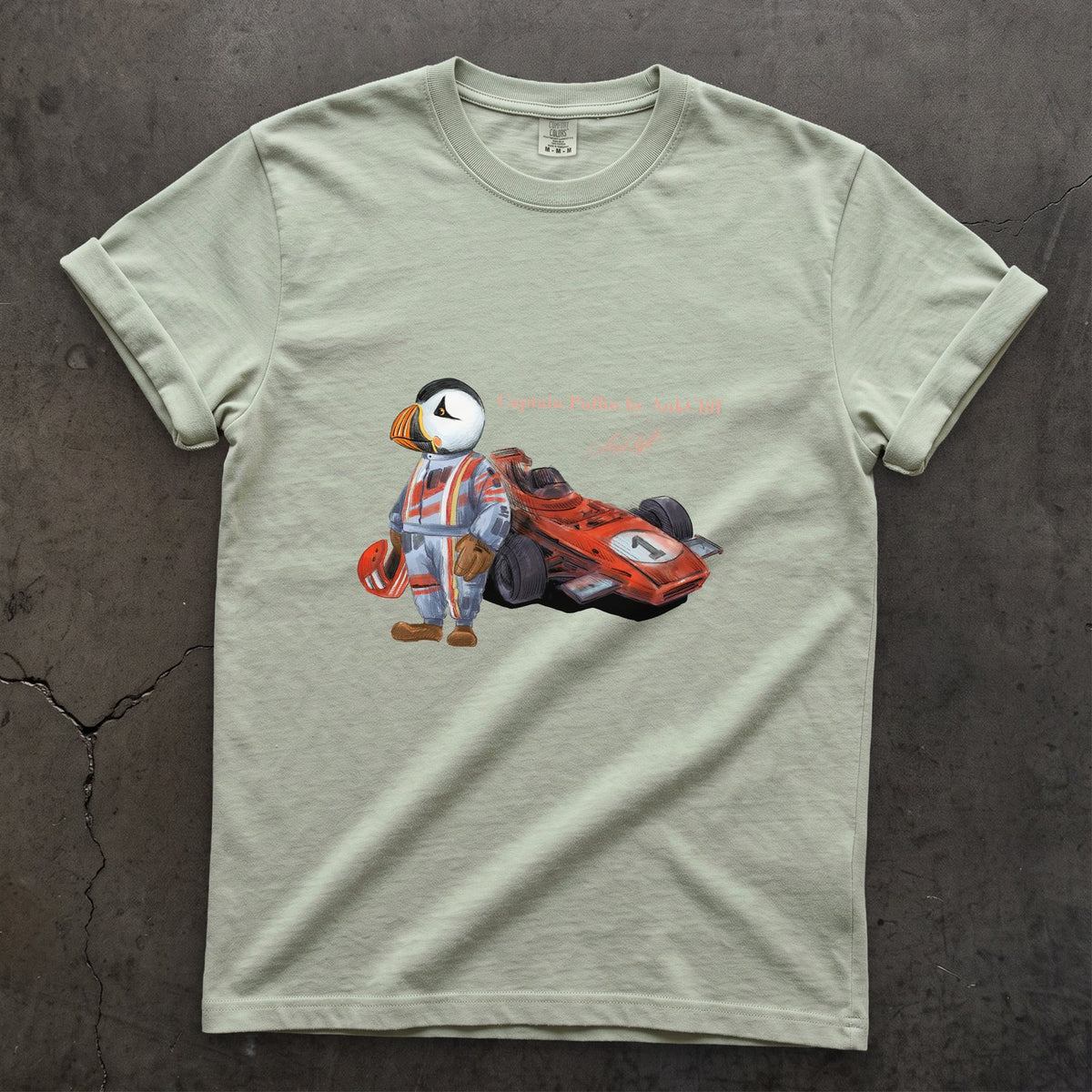 Captain Puffin Formula Racer on a Bay Comfort Colors t-shirt