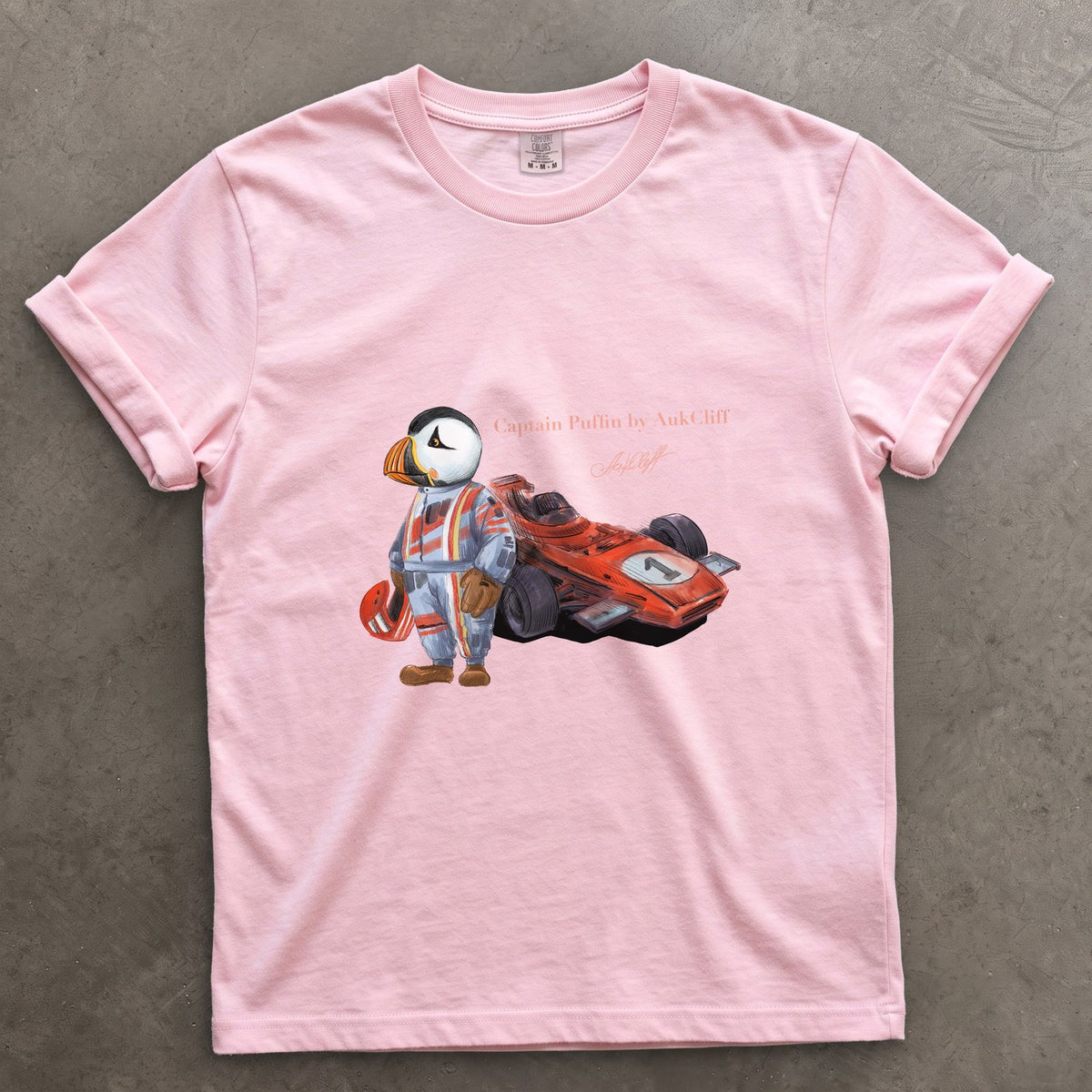 Captain Puffin Formula Racer on a Blossom Comfort Colors t-shirt