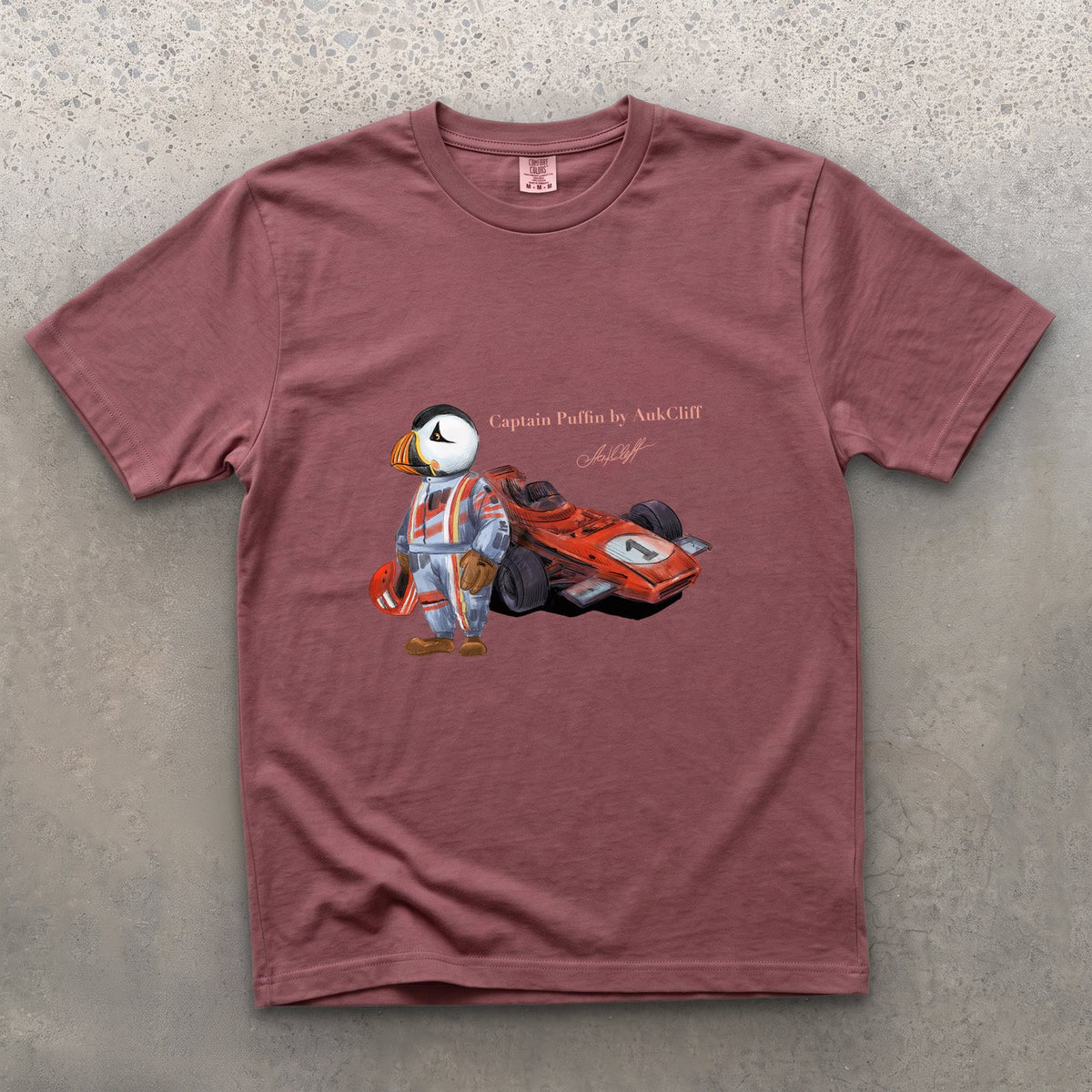 Captain Puffin Formula Racer on a Brick Comfort Colors t-shirt