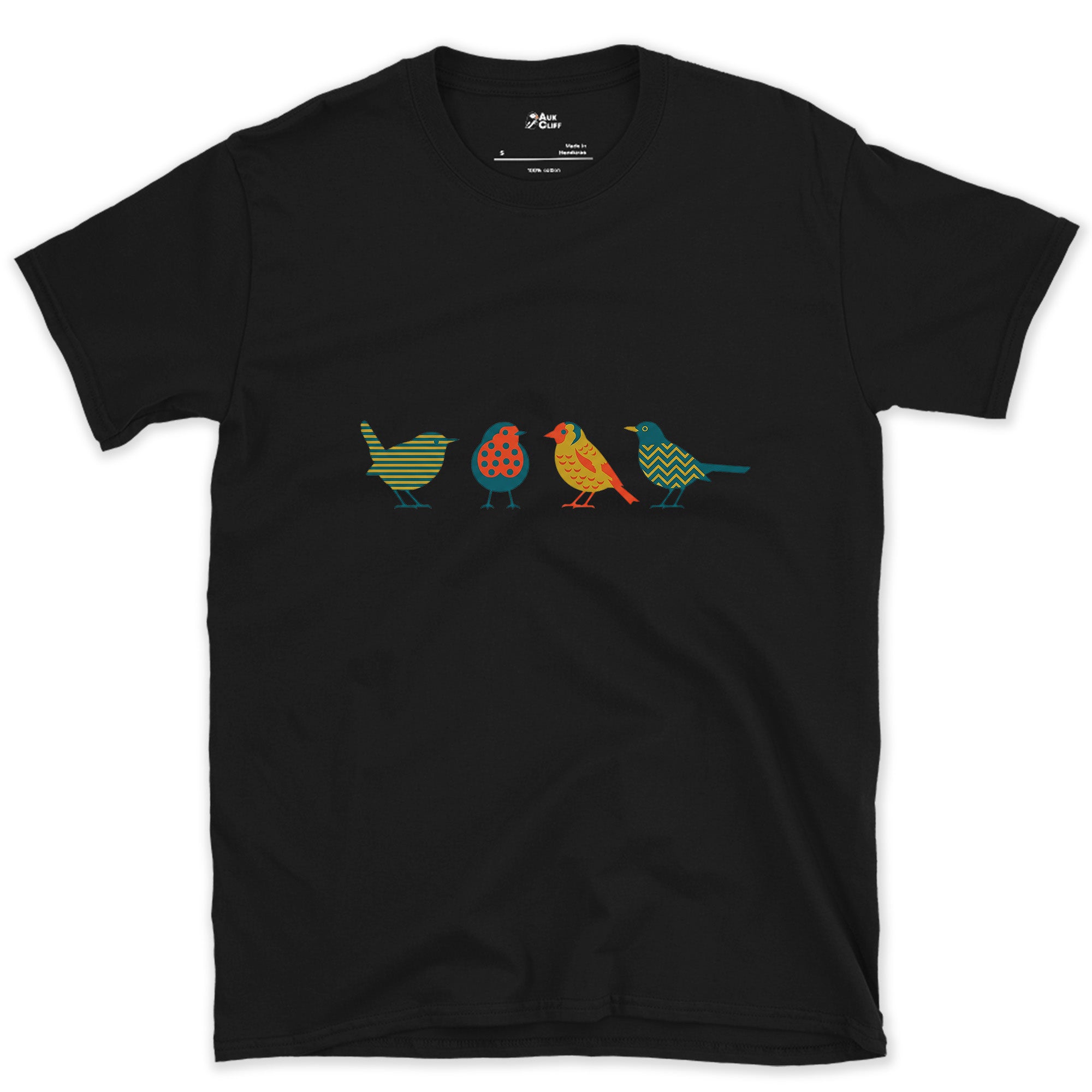 Four Birds in a Row, Each in Its Own Pattern design on a Black Gildan Softstyle t-shirt