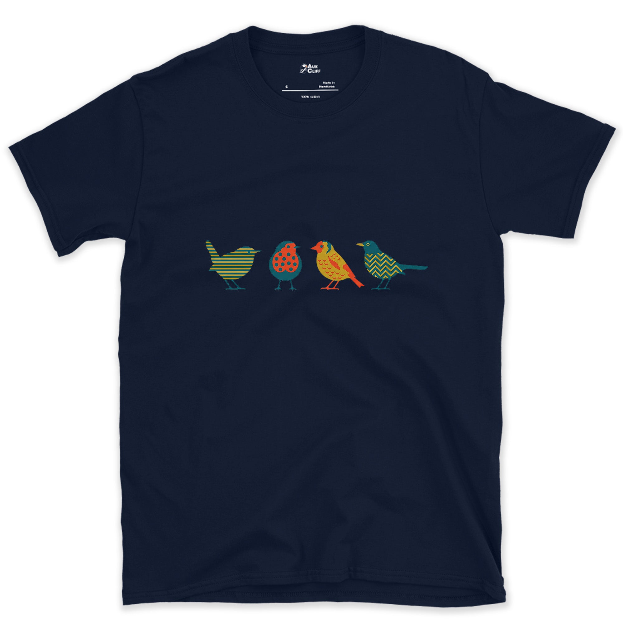 Four Birds in a Row, Each in Its Own Pattern design on a Navy Gildan Softstyle t-shirt