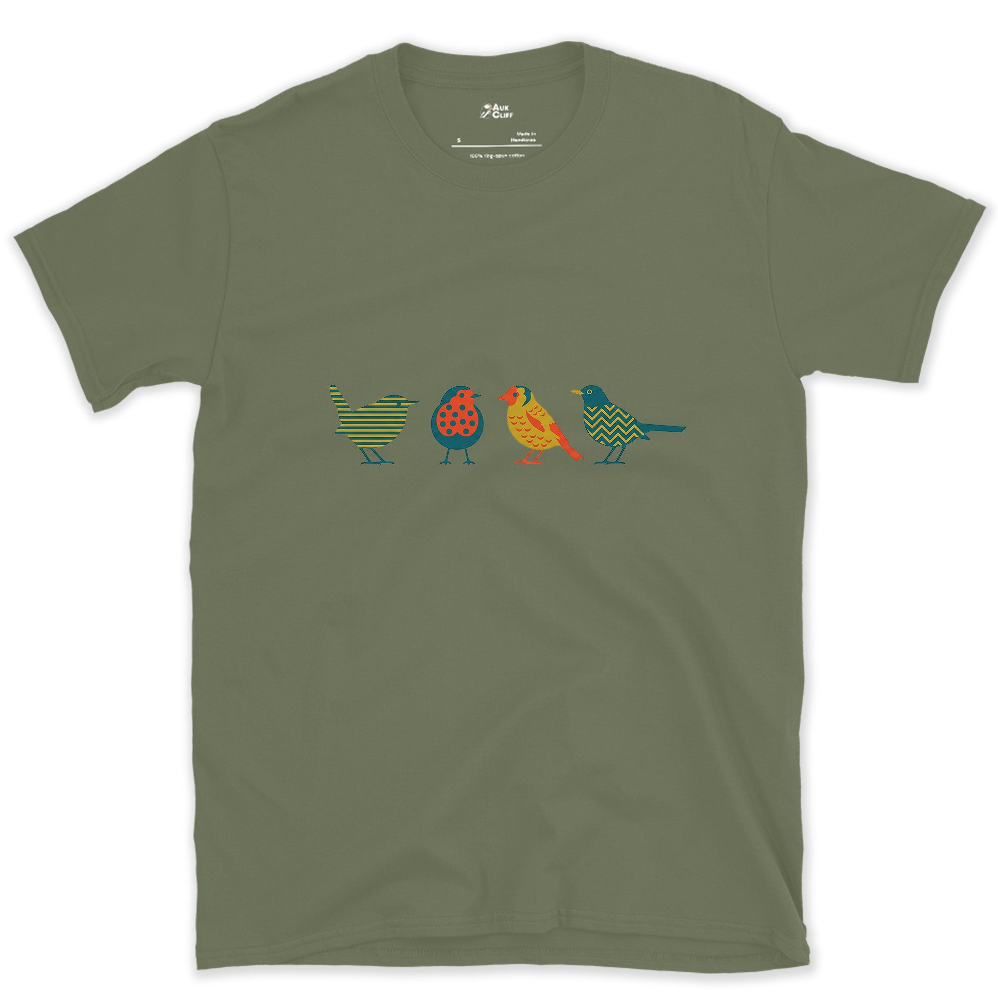 Four Birds in a Row, Each in Its Own Pattern design on a Military Green Gildan Softstyle t-shirt