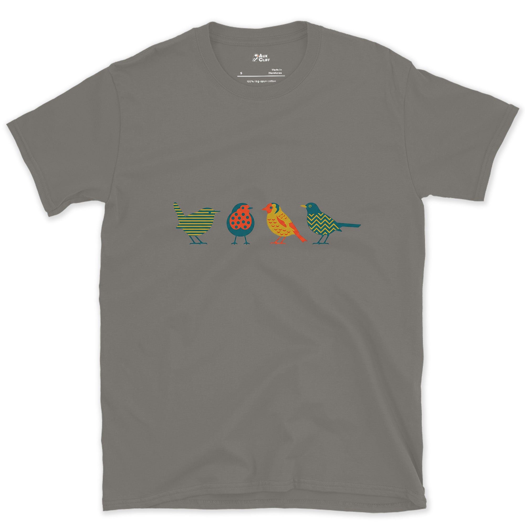 Four Birds in a Row, Each in Its Own Pattern design on a Charcoal Gildan Softstyle t-shirt