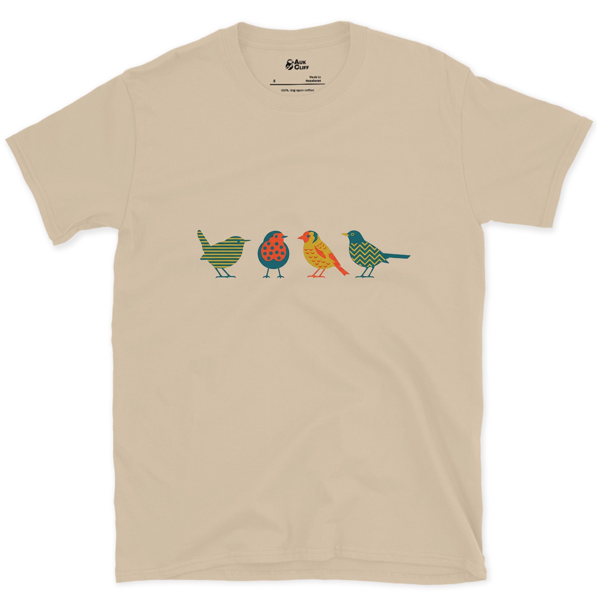 Four Birds in a Row, Each in Its Own Pattern design on a Sand Gildan Softstyle t-shirt