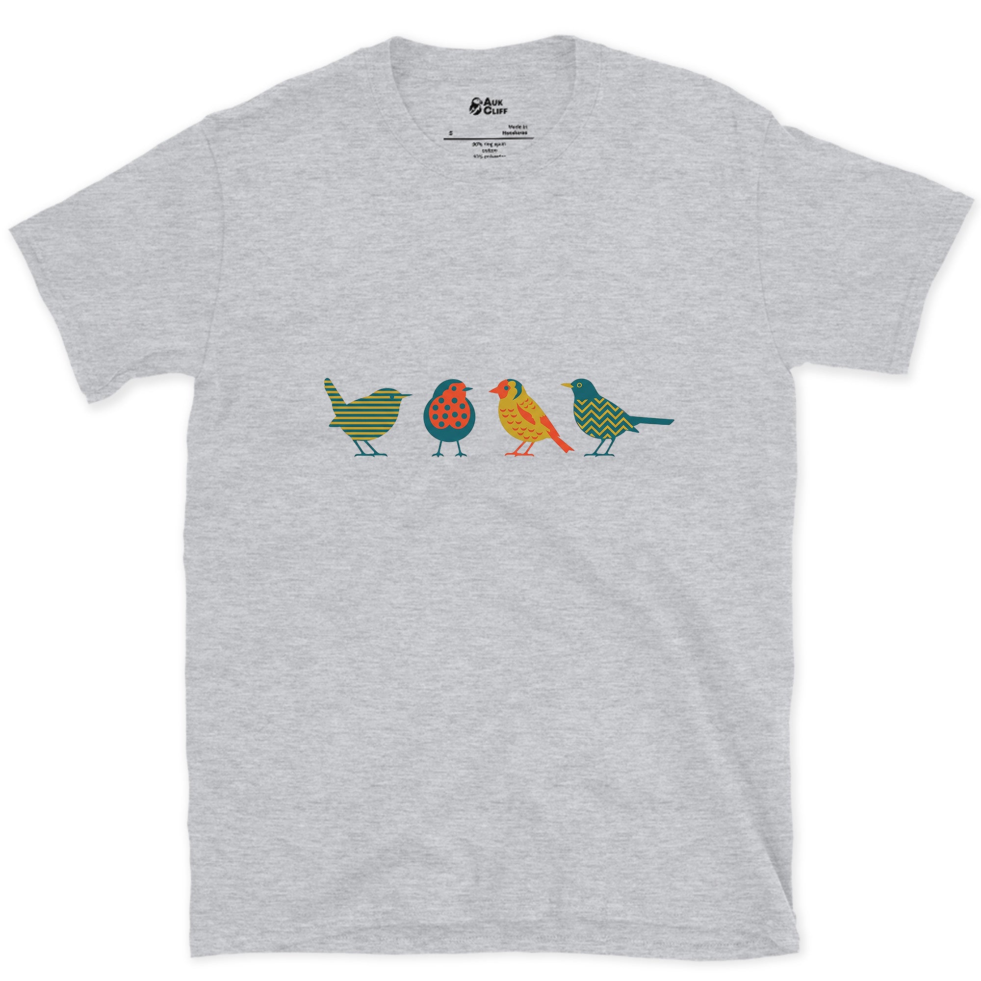 Four Birds in a Row, Each in Its Own Pattern design on a Sport Grey Gildan Softstyle t-shirt