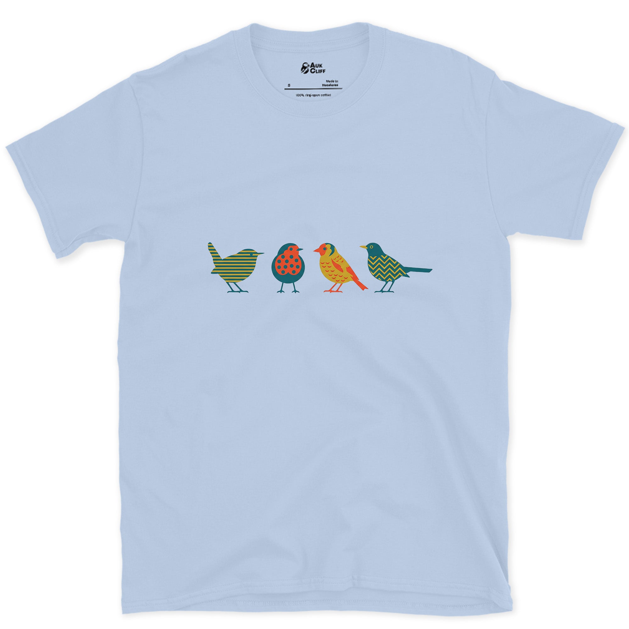 Four Birds in a Row, Each in Its Own Pattern design on a Light Blue Gildan Softstyle t-shirt