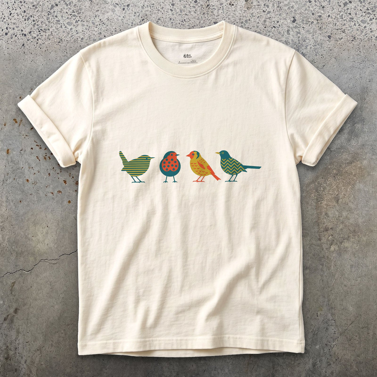 Four Birds in a Row, Each in Its Own Pattern design on a Natural Gildan Softstyle t-shirt