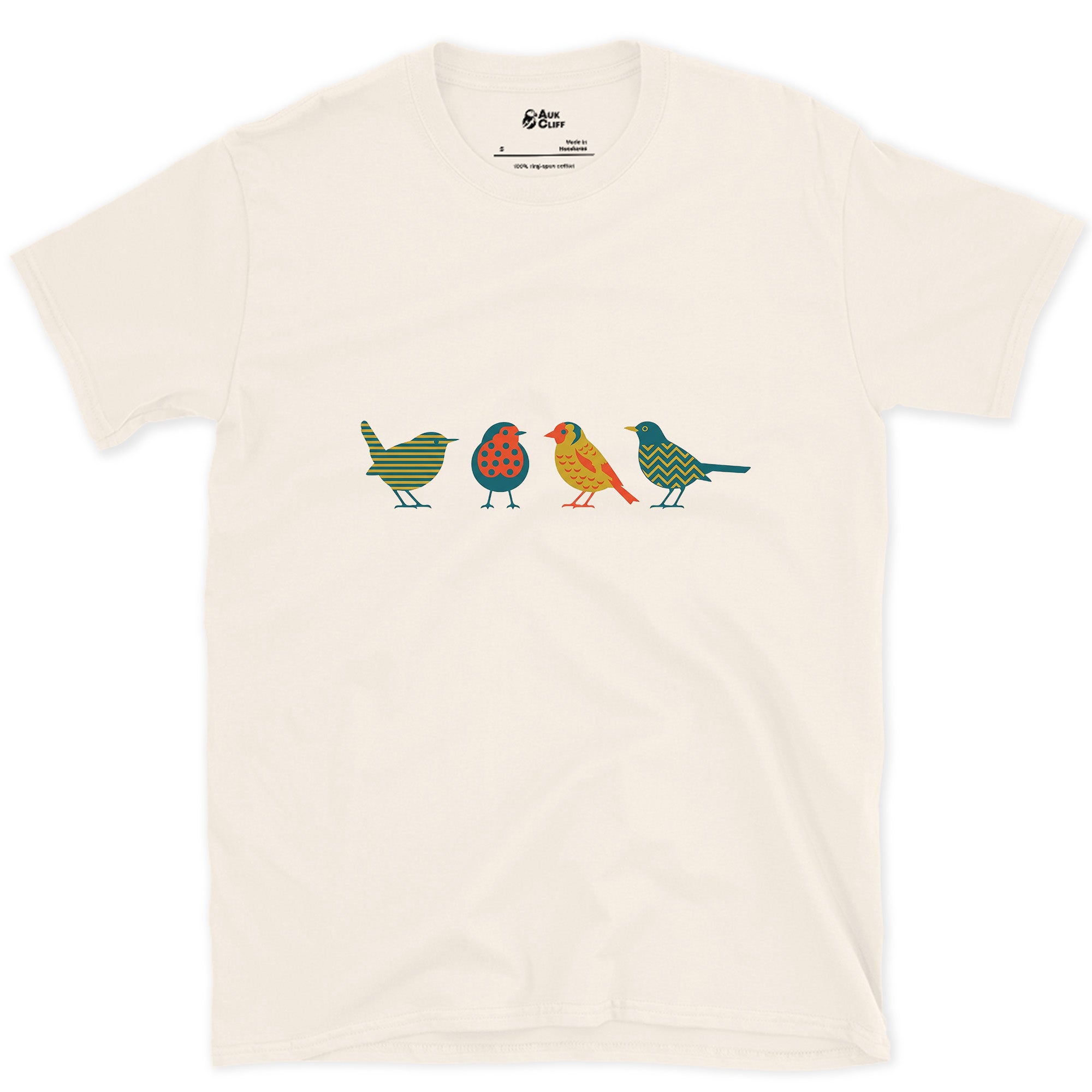 Four Birds in a Row, Each in Its Own Pattern design on a Natural Gildan Softstyle t-shirt