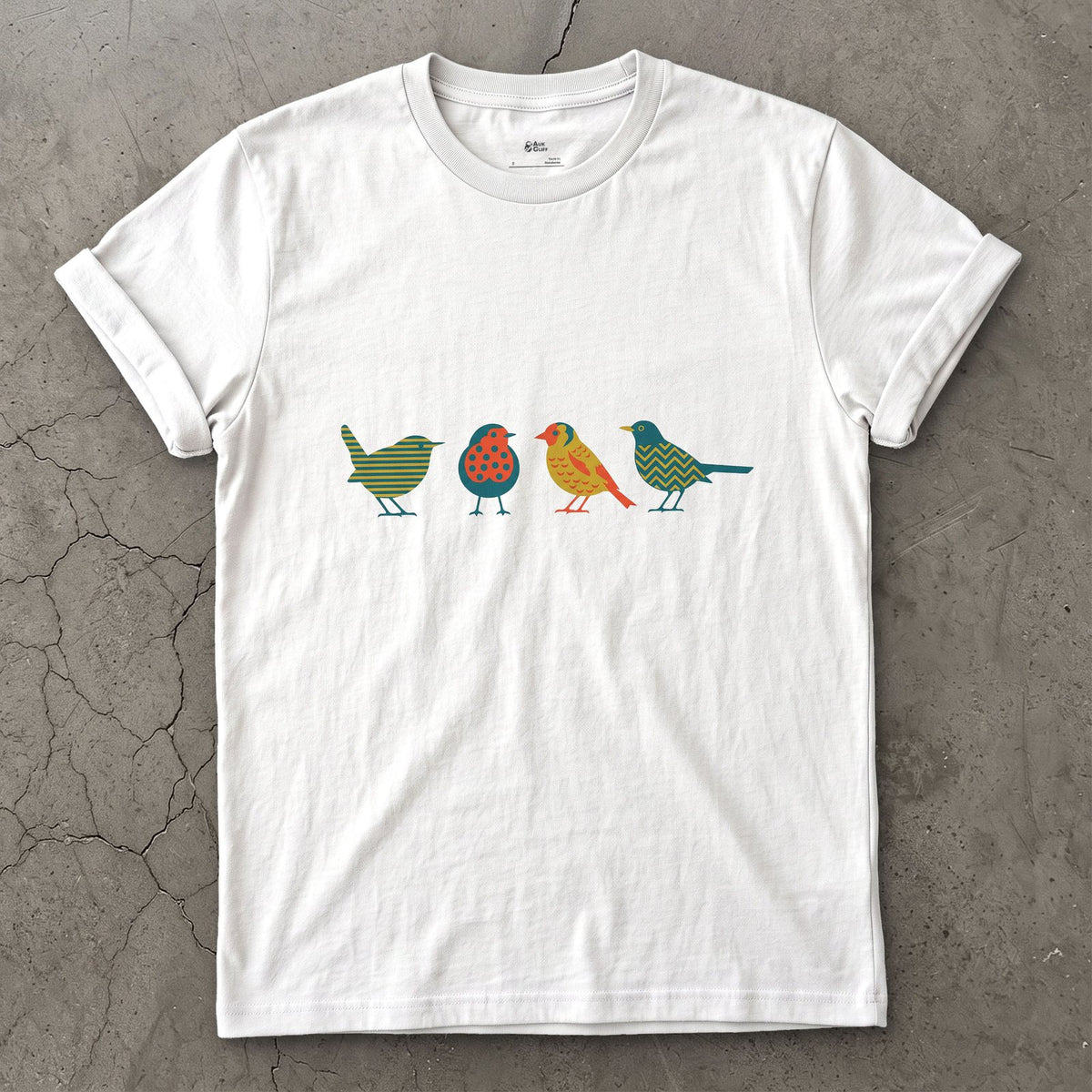 Four Birds in a Row, Each in Its Own Pattern design on a White Gildan Softstyle t-shirt