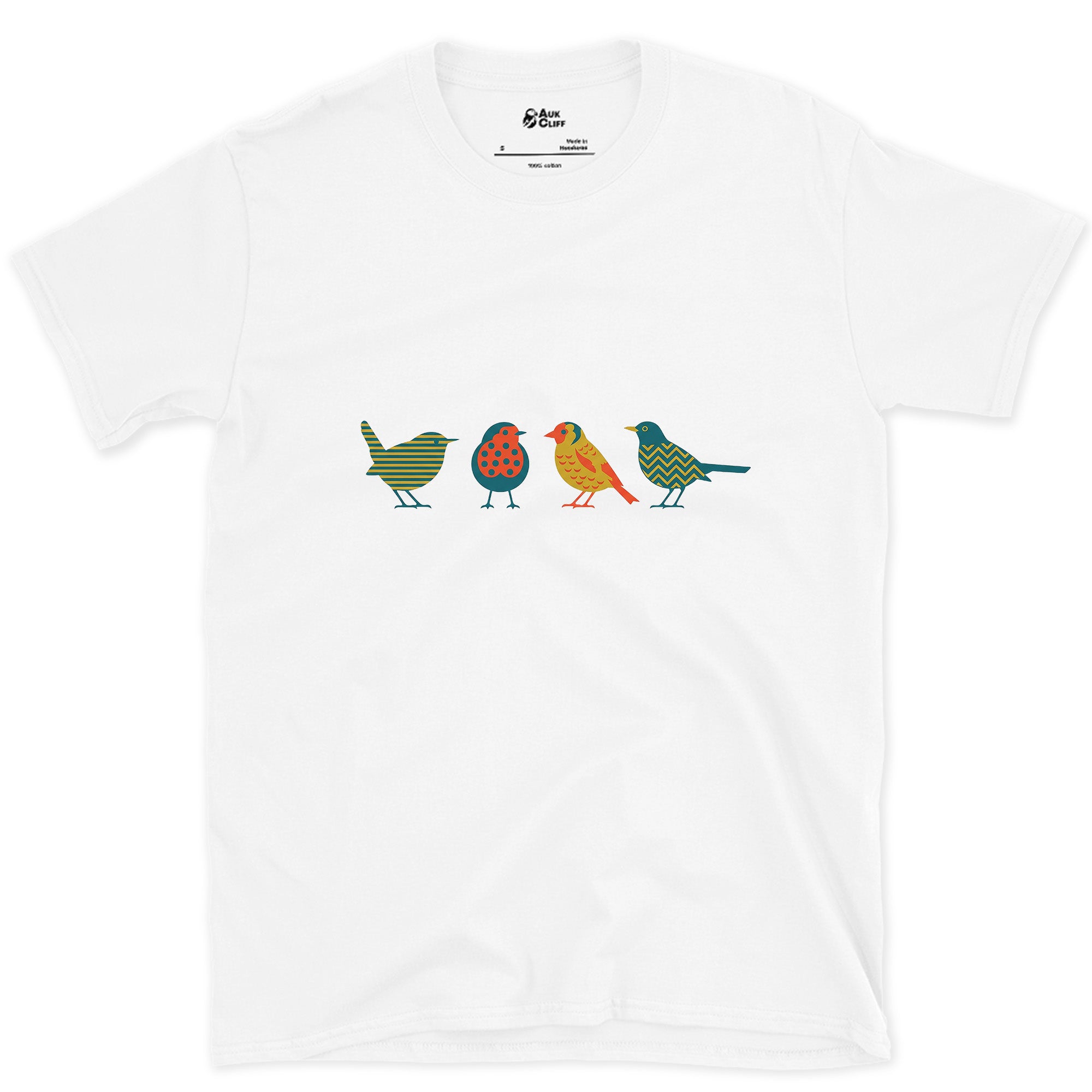 Four Birds in a Row, Each in Its Own Pattern design on a White Gildan Softstyle t-shirt