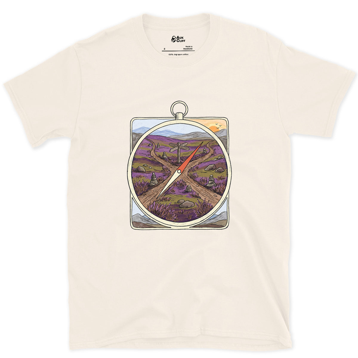 Four Ways Off the Moor, Pocket Compass design on a Natural Gildan Softstyle t-shirt