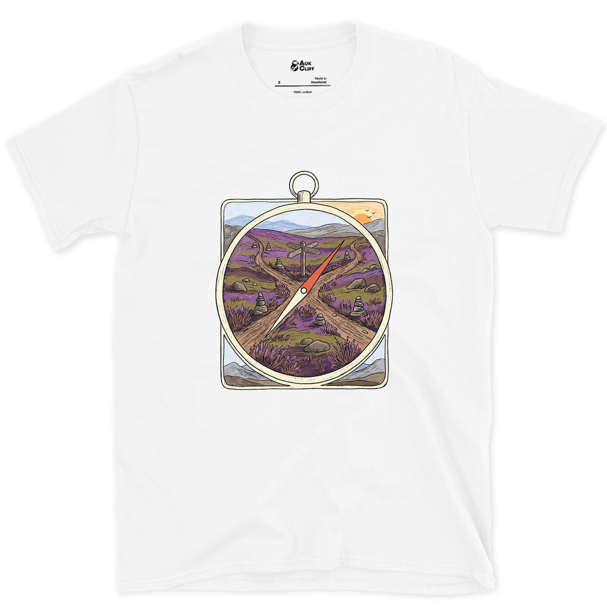 Four Ways Off the Moor, Pocket Compass design on a White Gildan Softstyle t-shirt
