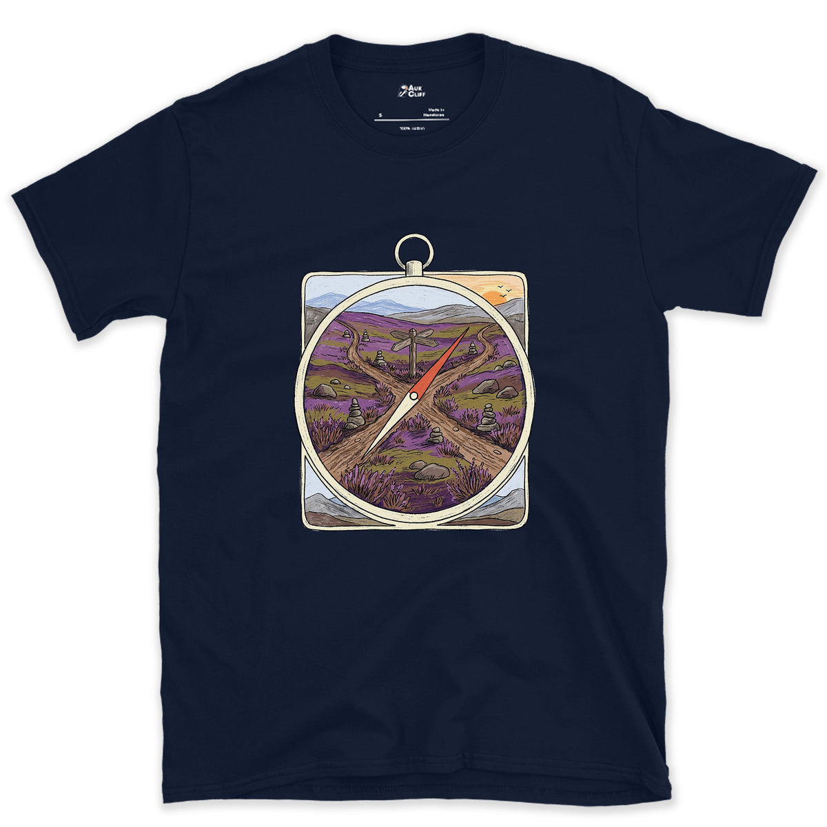Four Ways Off the Moor, Pocket Compass design on a Navy Gildan Softstyle t-shirt
