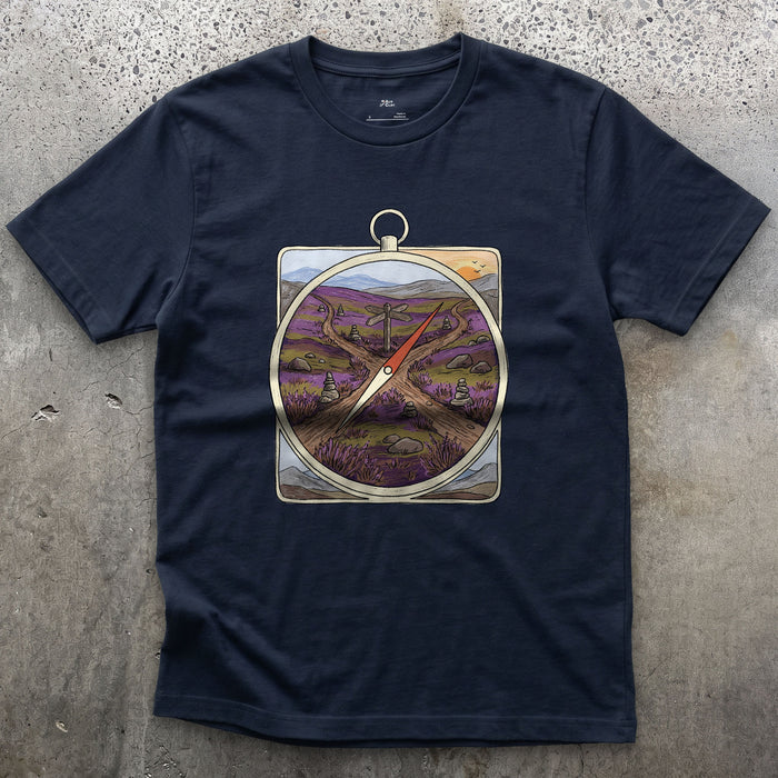 Four Ways Off the Moor, Pocket Compass design on a Navy Gildan Softstyle t-shirt