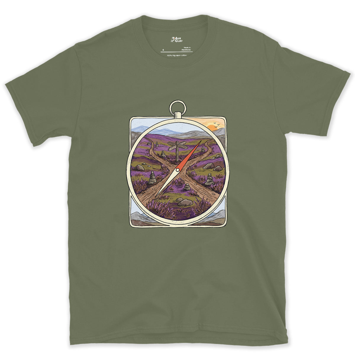Four Ways Off the Moor, Pocket Compass design on a Military Green Gildan Softstyle t-shirt