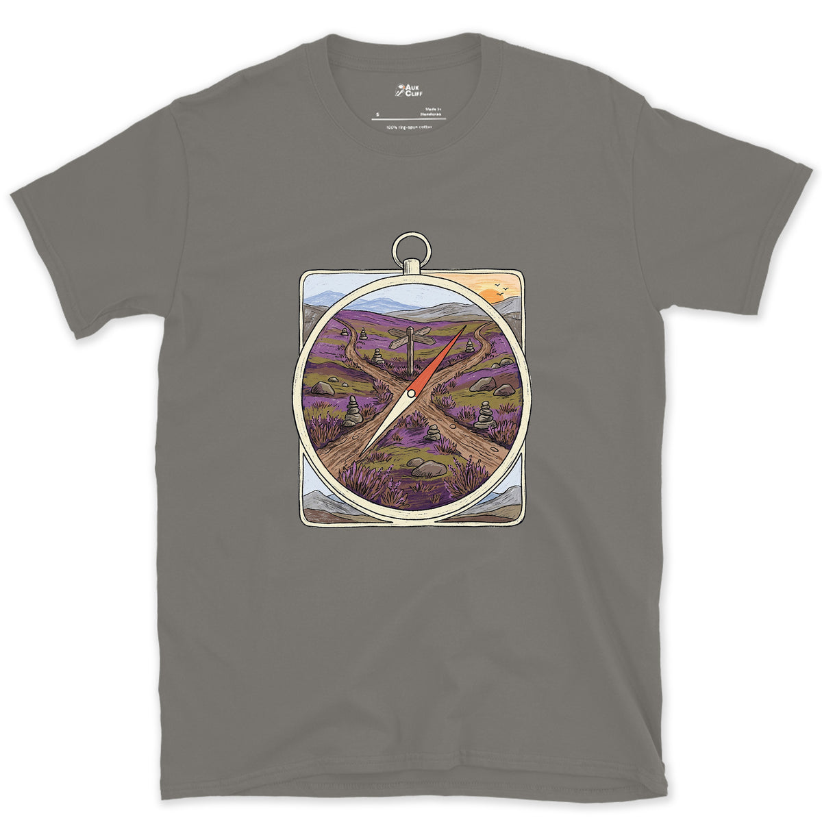Four Ways Off the Moor, Pocket Compass design on a Charcoal Gildan Softstyle t-shirt