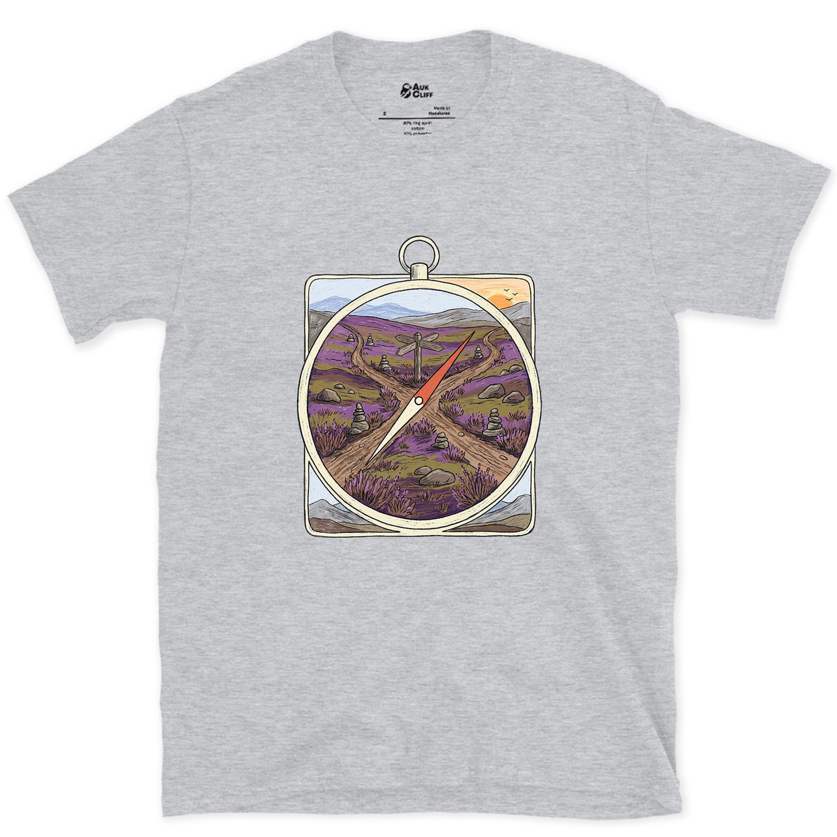 Four Ways Off the Moor, Pocket Compass design on a Sport Grey Gildan Softstyle t-shirt