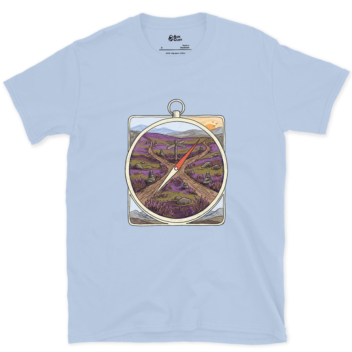Four Ways Off the Moor, Pocket Compass design on a Light Blue Gildan Softstyle t-shirt