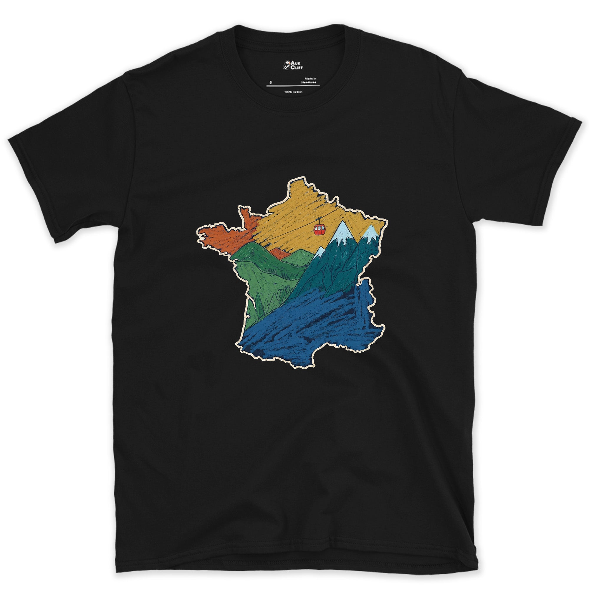 Lift Lines Threading the Shape of France design on a Black Gildan Softstyle t-shirt