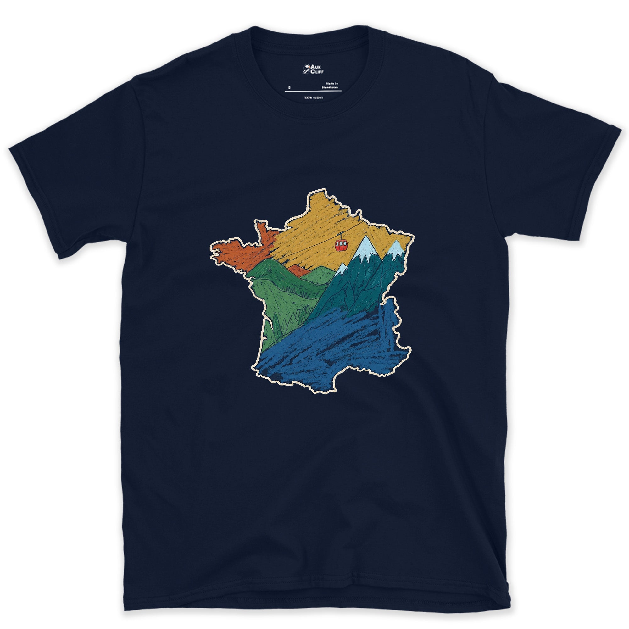 Lift Lines Threading the Shape of France design on a Navy Gildan Softstyle t-shirt