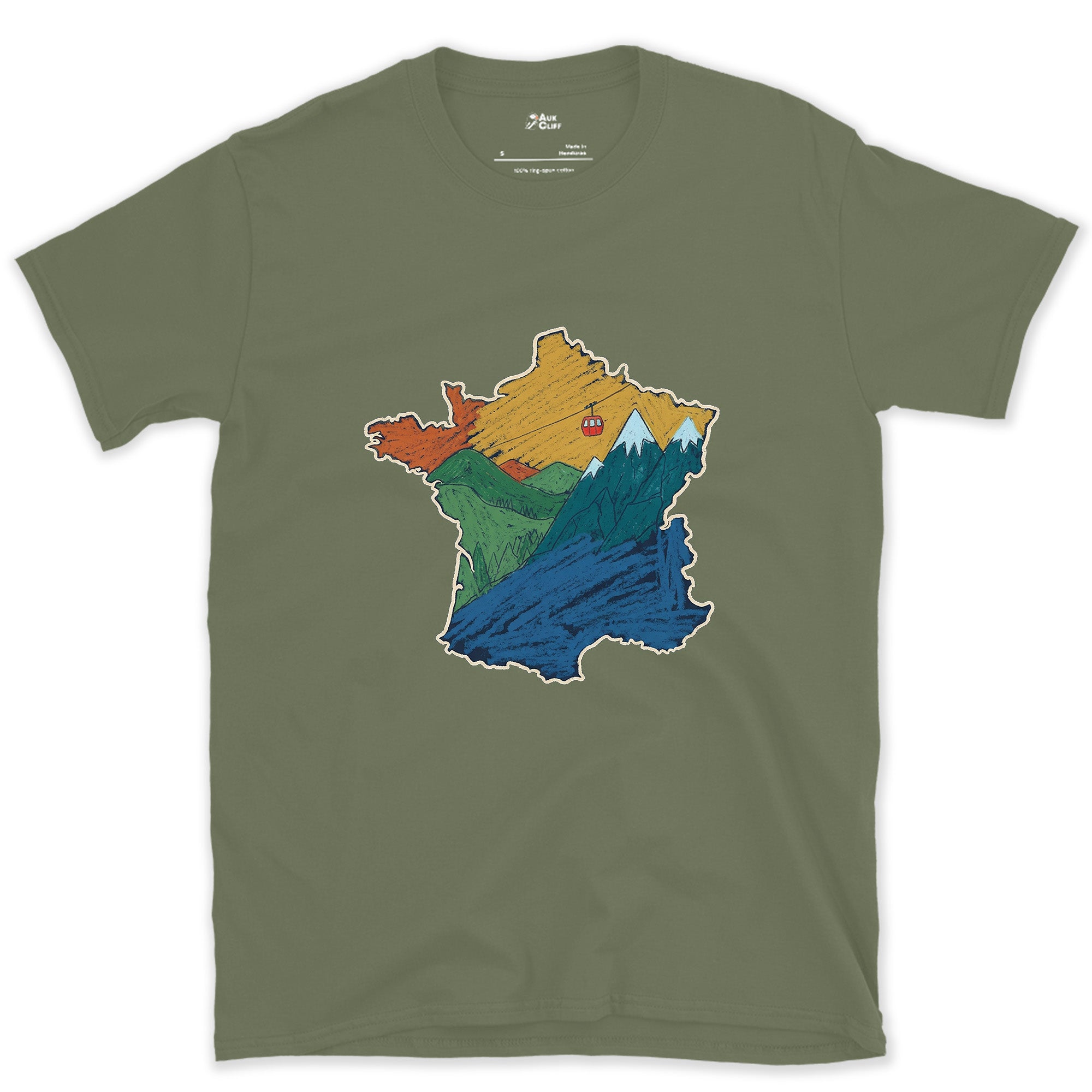 Lift Lines Threading the Shape of France design on a Military Green Gildan Softstyle t-shirt