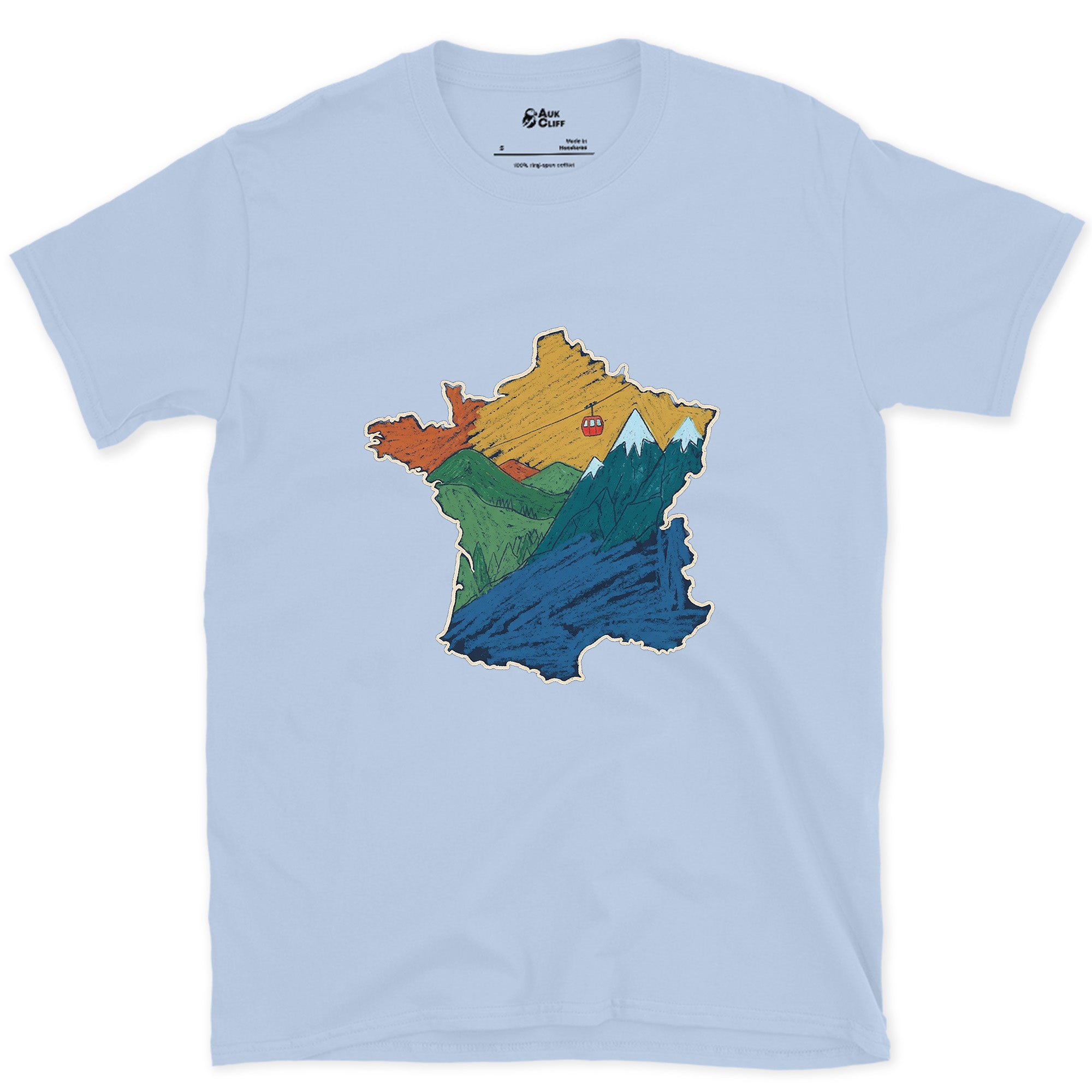 Lift Lines Threading the Shape of France design on a Light Blue Gildan Softstyle t-shirt