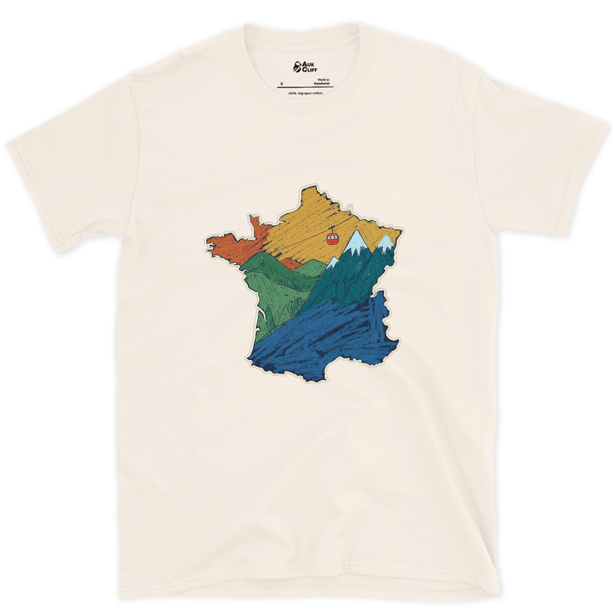 Lift Lines Threading the Shape of France design on a Natural Gildan Softstyle t-shirt