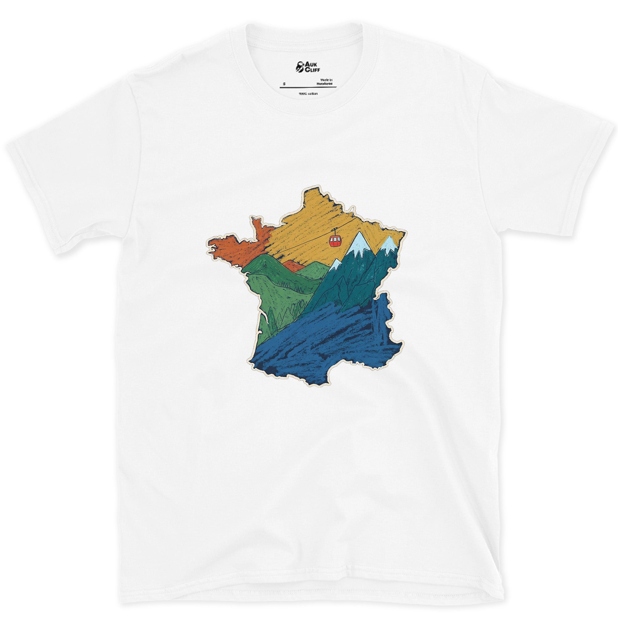 Lift Lines Threading the Shape of France design on a White Gildan Softstyle t-shirt