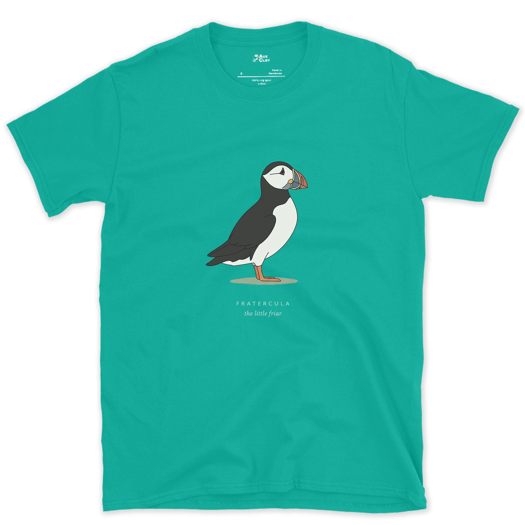 Fratercula, the Little Friar design on a Jade Dome Gildan Softstyle t-shirt