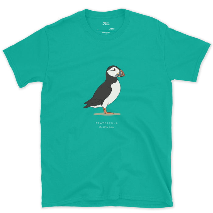 Fratercula, the Little Friar design on a Jade Dome Gildan Softstyle t-shirt
