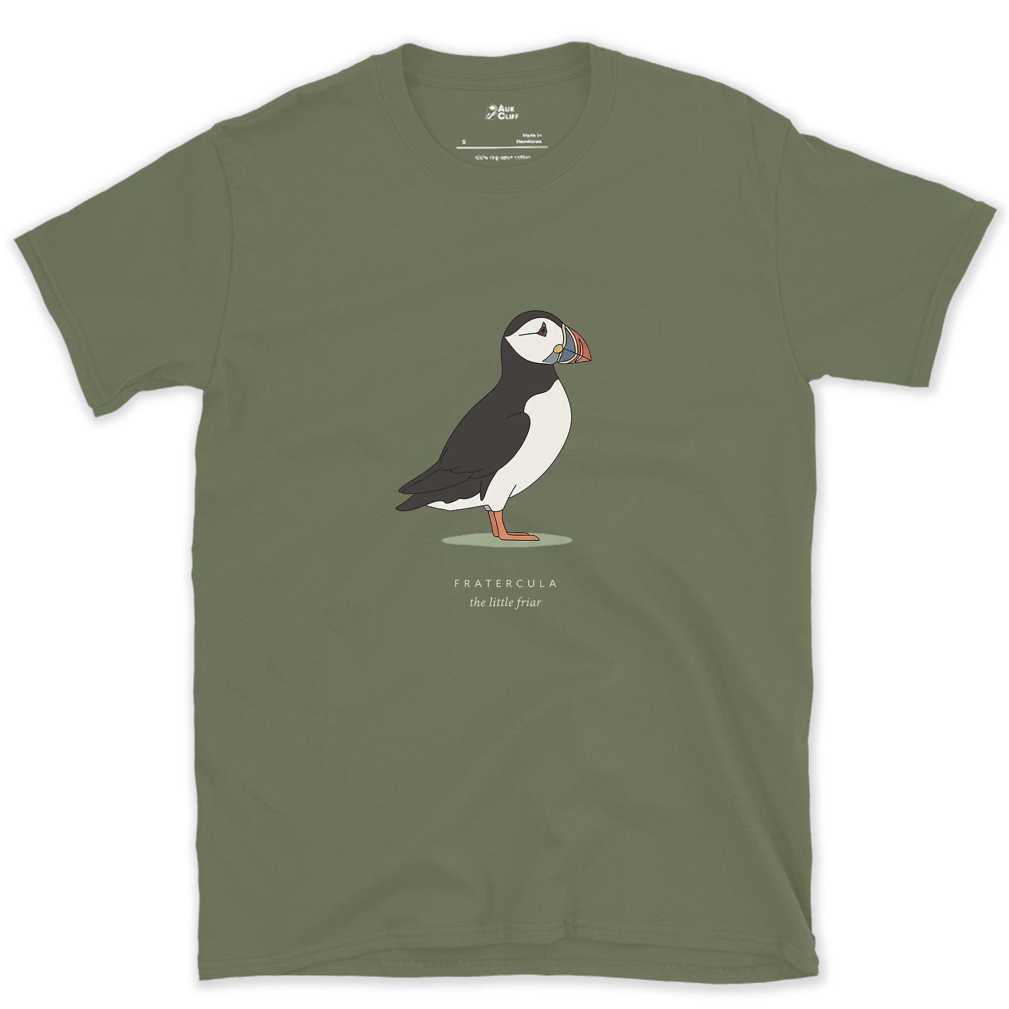 Fratercula, the Little Friar design on a Military Green Gildan Softstyle t-shirt