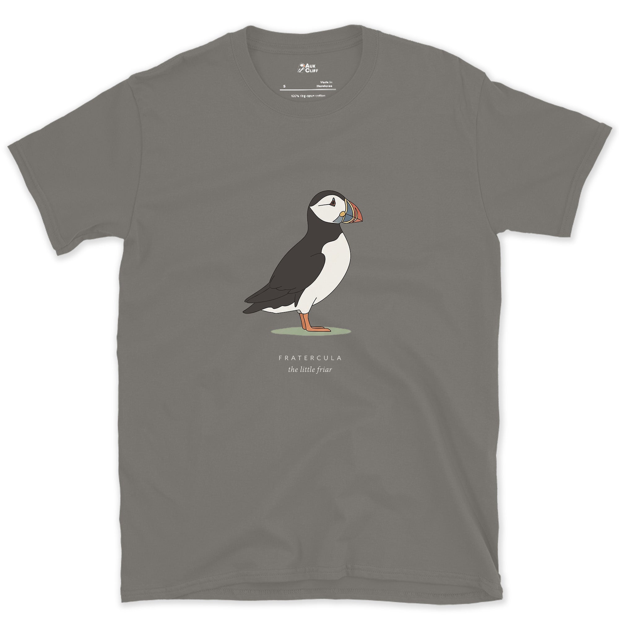 Fratercula, the Little Friar design on a Charcoal Gildan Softstyle t-shirt