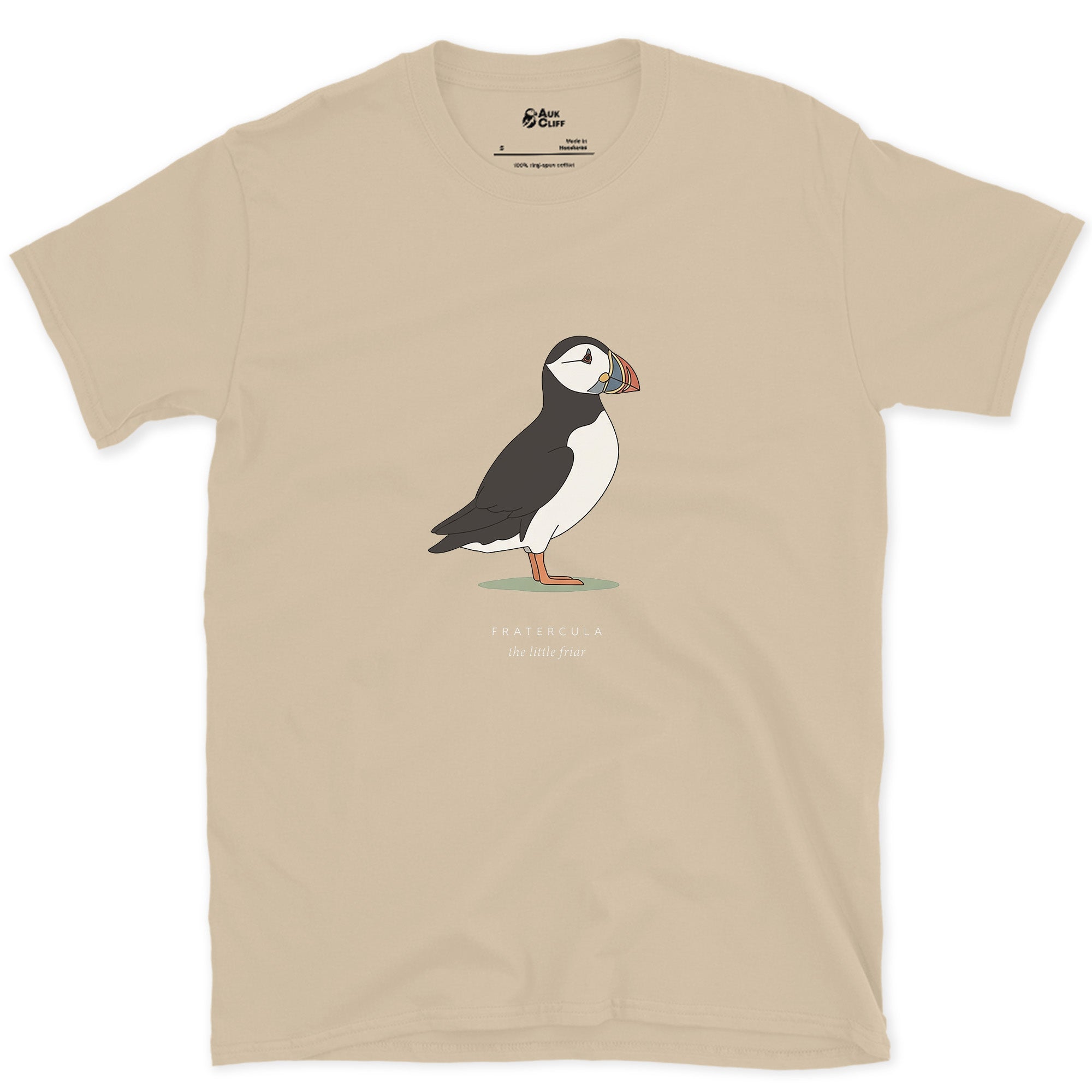Fratercula, the Little Friar design on a Sand Gildan Softstyle t-shirt